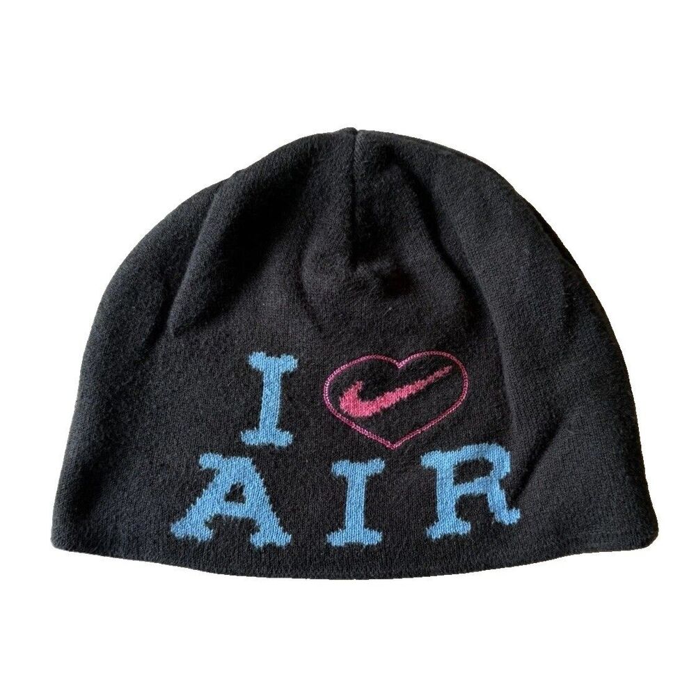 Vintage Nike I Love Air Beanie Hat OSFA Black Pink Blue Embroidered Y2K